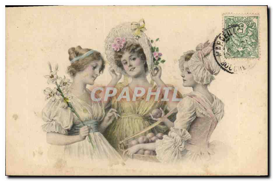 Trois jeunes filles en tenue de bal — éditeur M. M. Vienne, n° 255