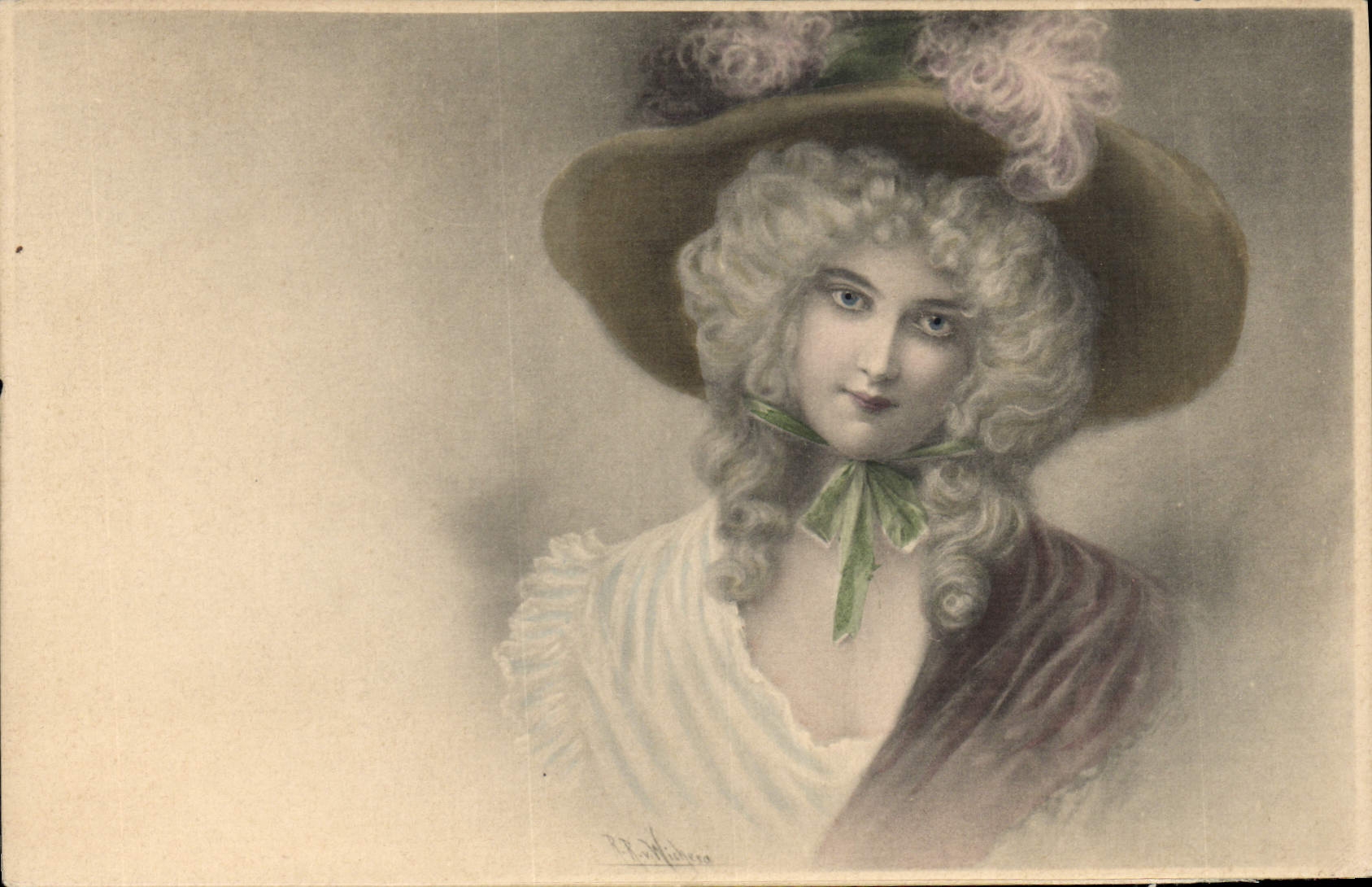 Portrait d'une femme — chapeau orné de plumes — dessin de M. M. Vienne