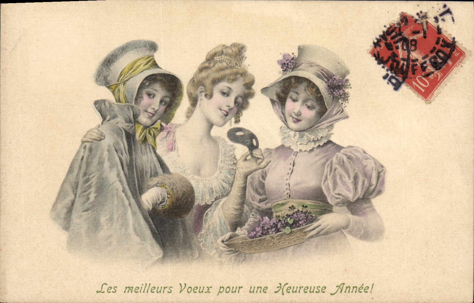 Trois jeunes femmes en tenue d'époque — Les meilleurs Voeux pour une Heureuse Année! — M. M. Vienne, Nr. 255