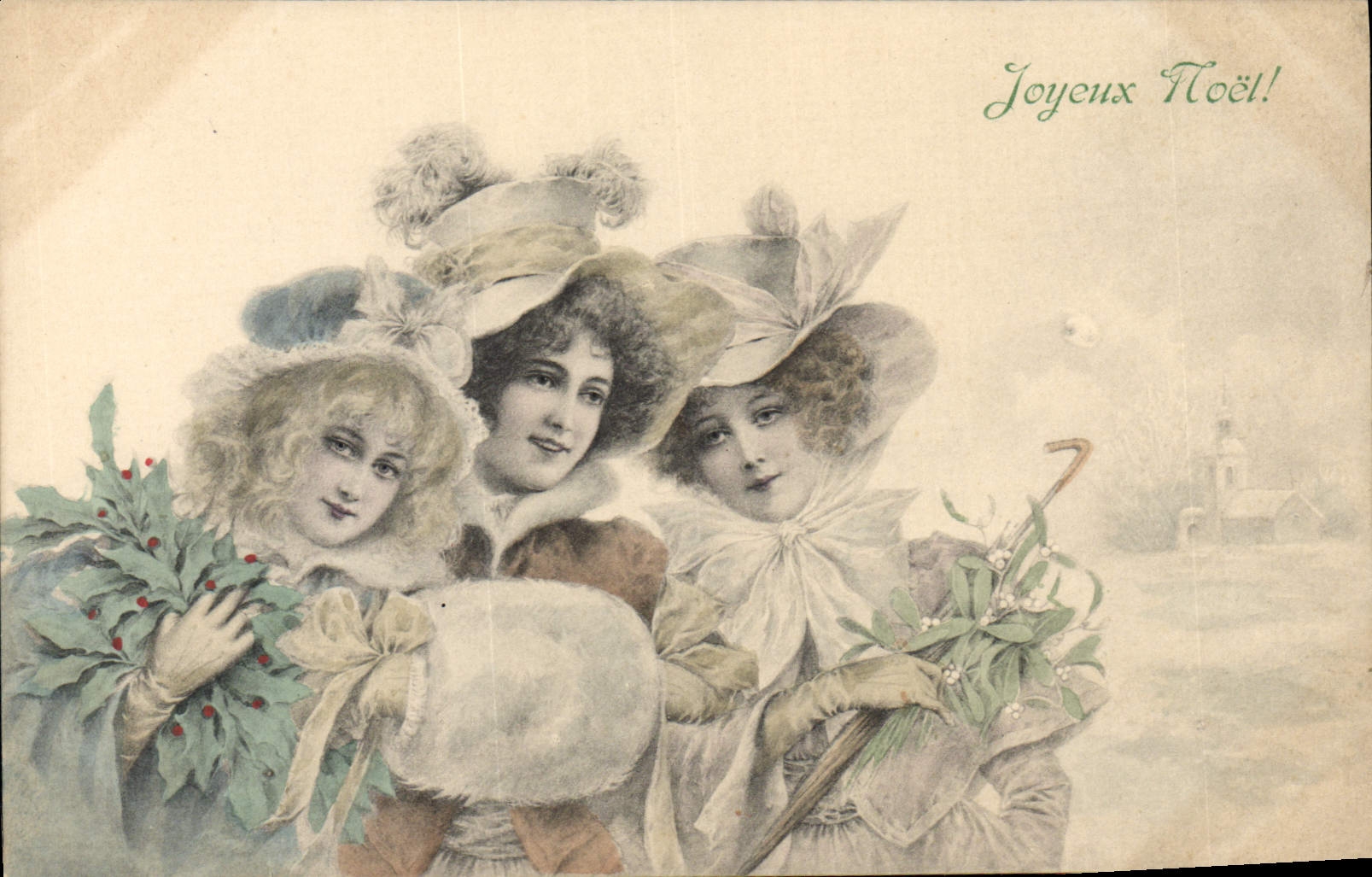 Trois jeunes femmes en tenue d'hiver — scène de Noël — éditeur M. M. Vienne, n° III