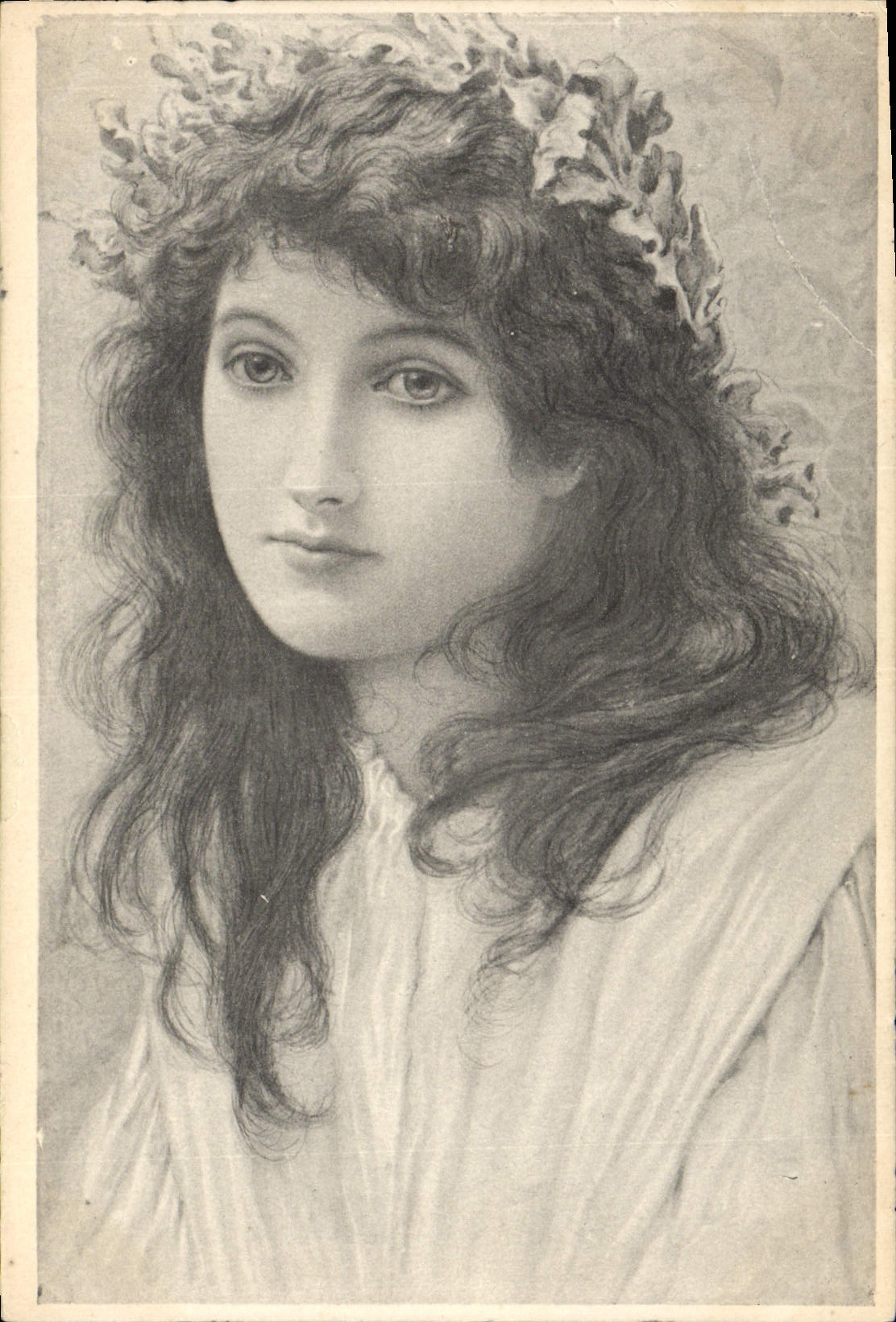 Jeune femme à couronne de feuilles — gravure — M. M. Vienne
