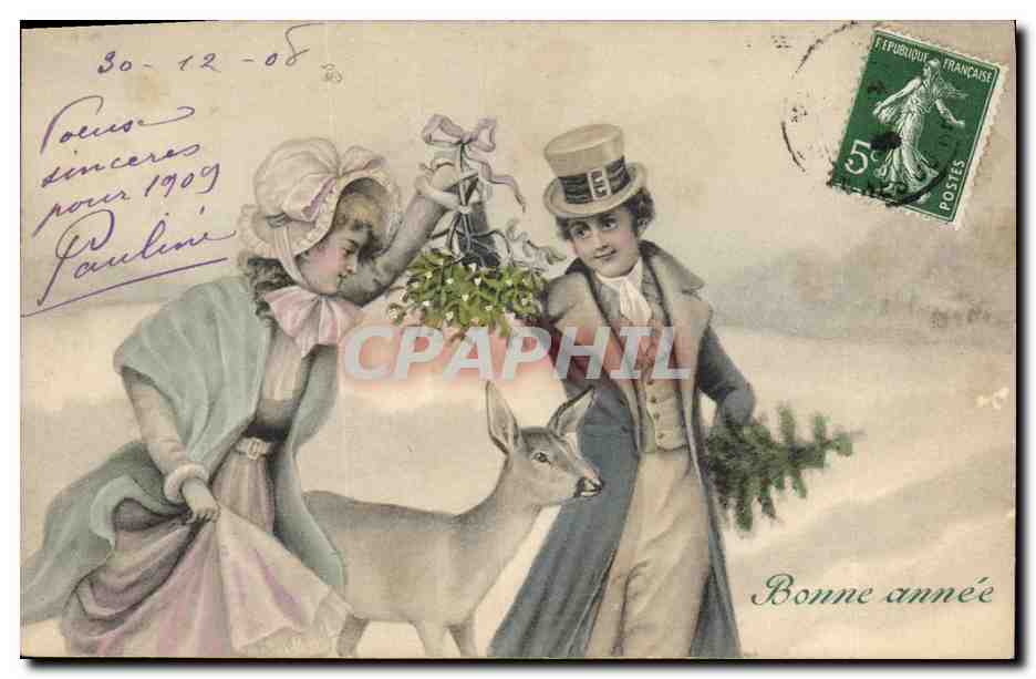 Jeunes amoureux et cerf — scène de Noël — éditeur V.K., Vienne
