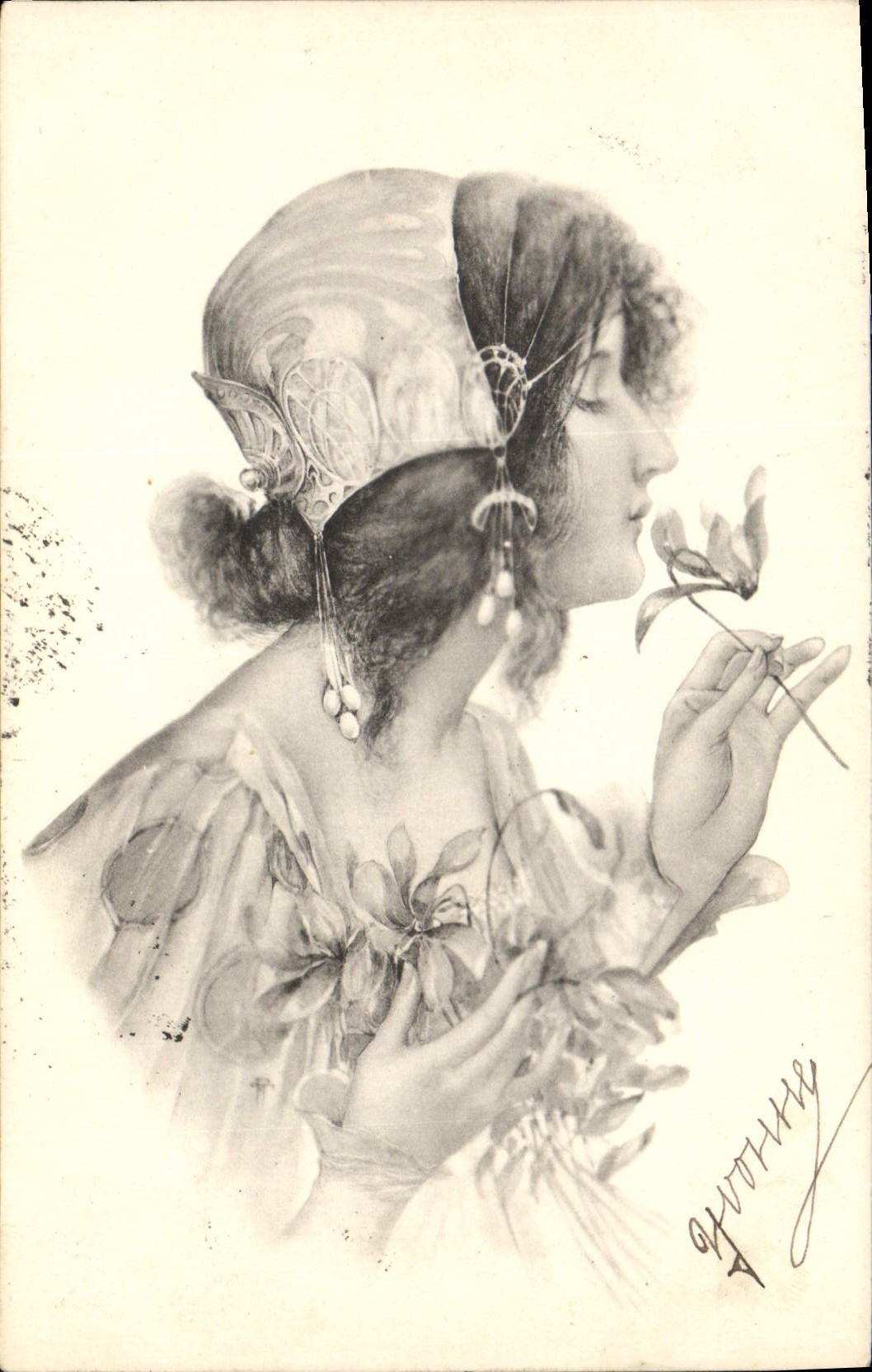 Donna con cappello decorato — olive — incisione firmata Guvotin