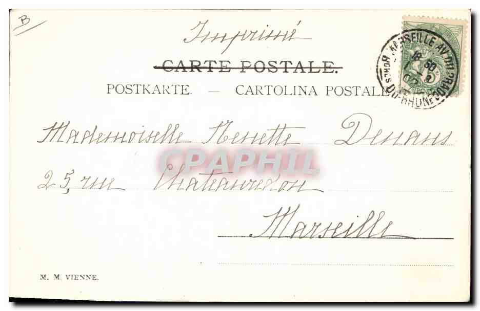 Donna con cappello decorato — olive — incisione firmata Guvotin — Verso