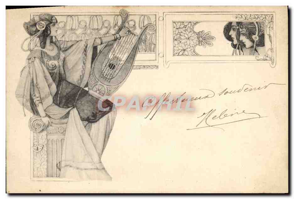 Femme jouant de la lyre — Art nouveau — éditeur M. M. Vienne
