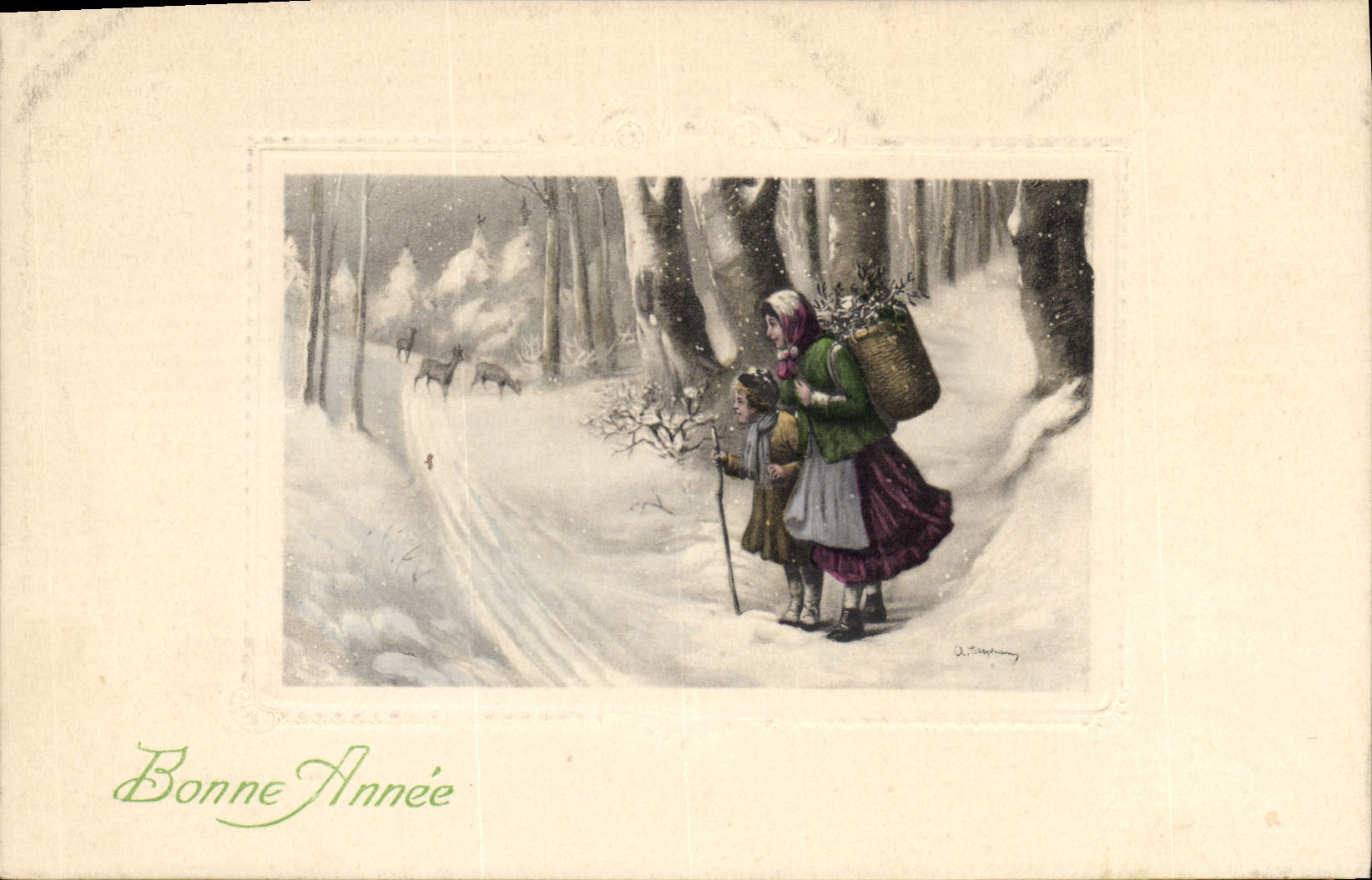 Femmes et enfant dans la forêt enneigée — D. Tampfany — PTL Art de Vision No. 2264