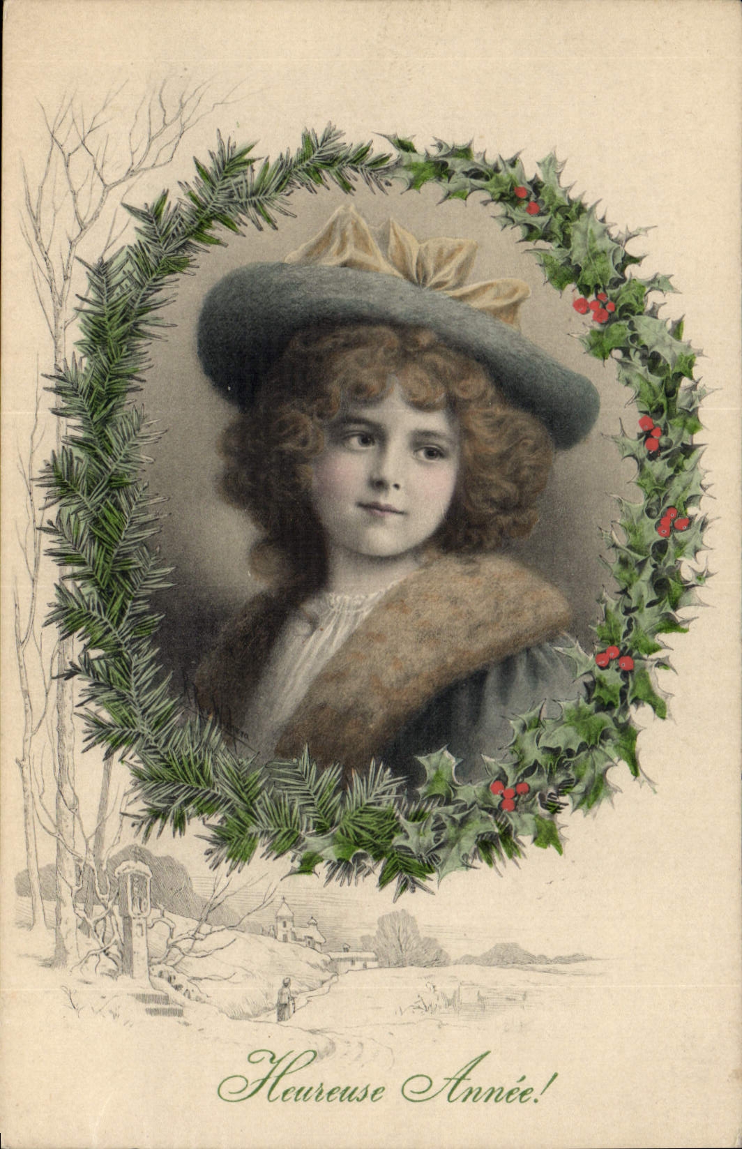 Jeune fille dans un couronne de houx — Heureuse Année! — M. M. MUNK, Nr. 476
