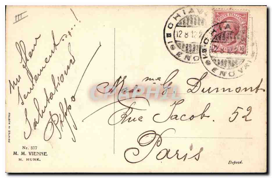 Femme assise parmi des roses — éditeur M. M. Vienne, n° 577 — Achterkant