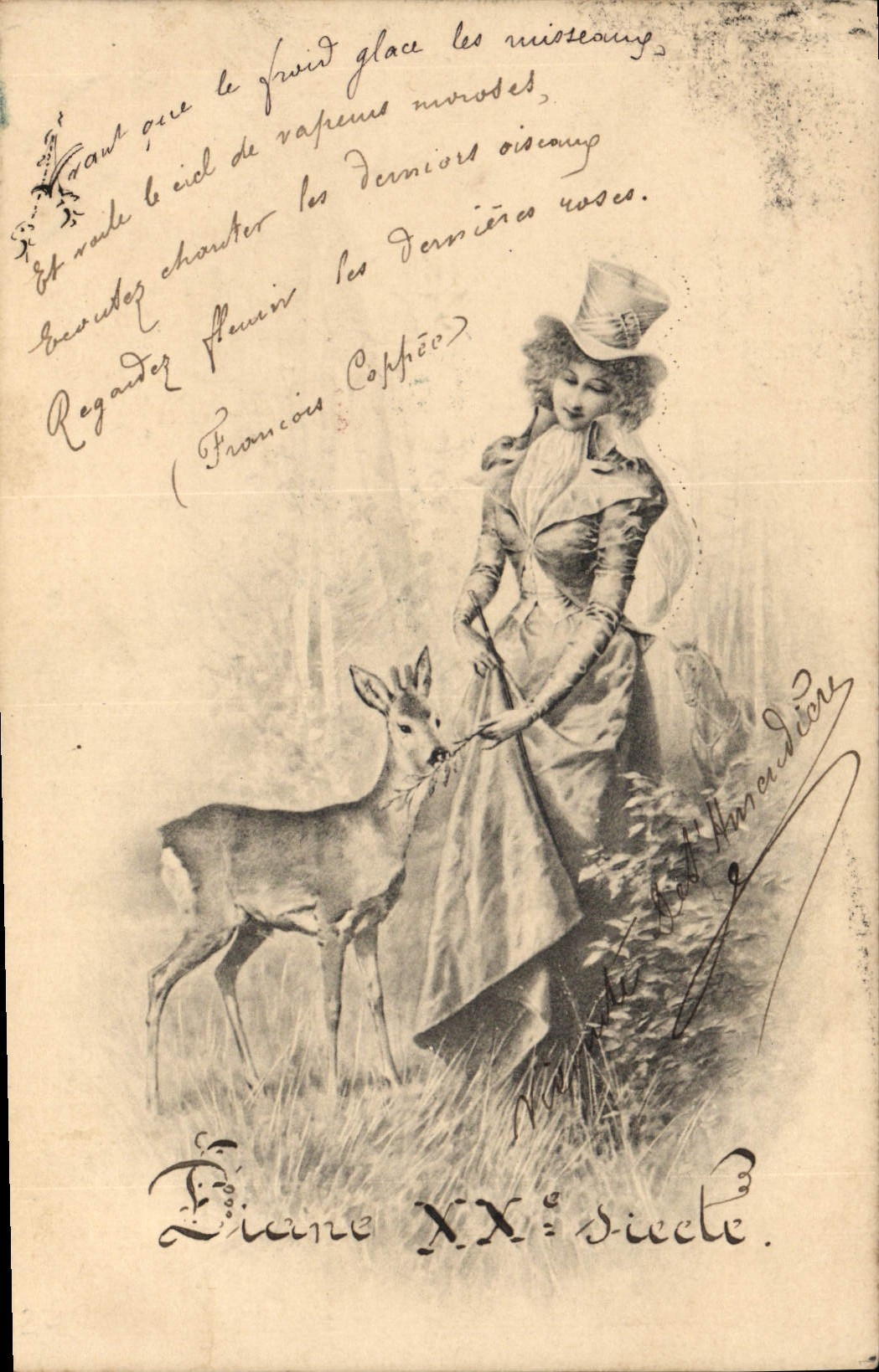 Femme en robe longue et chapeau — avec cerf — Diane XXe siècle — éditeur Magdebert Hemendien