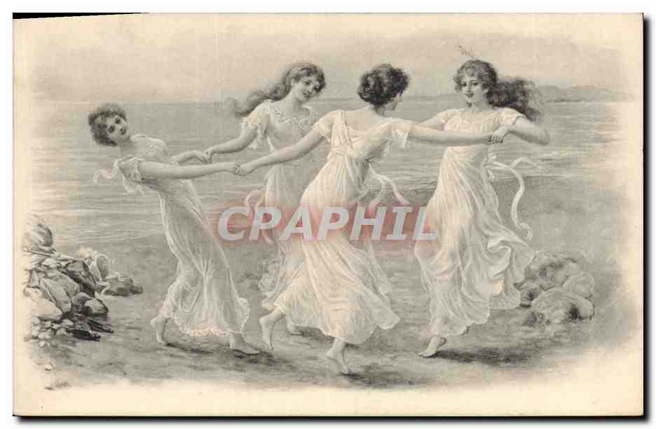 Quatre jeunes femmes dansant sur la plage — éditeur M. M. Vienne, n° 257
