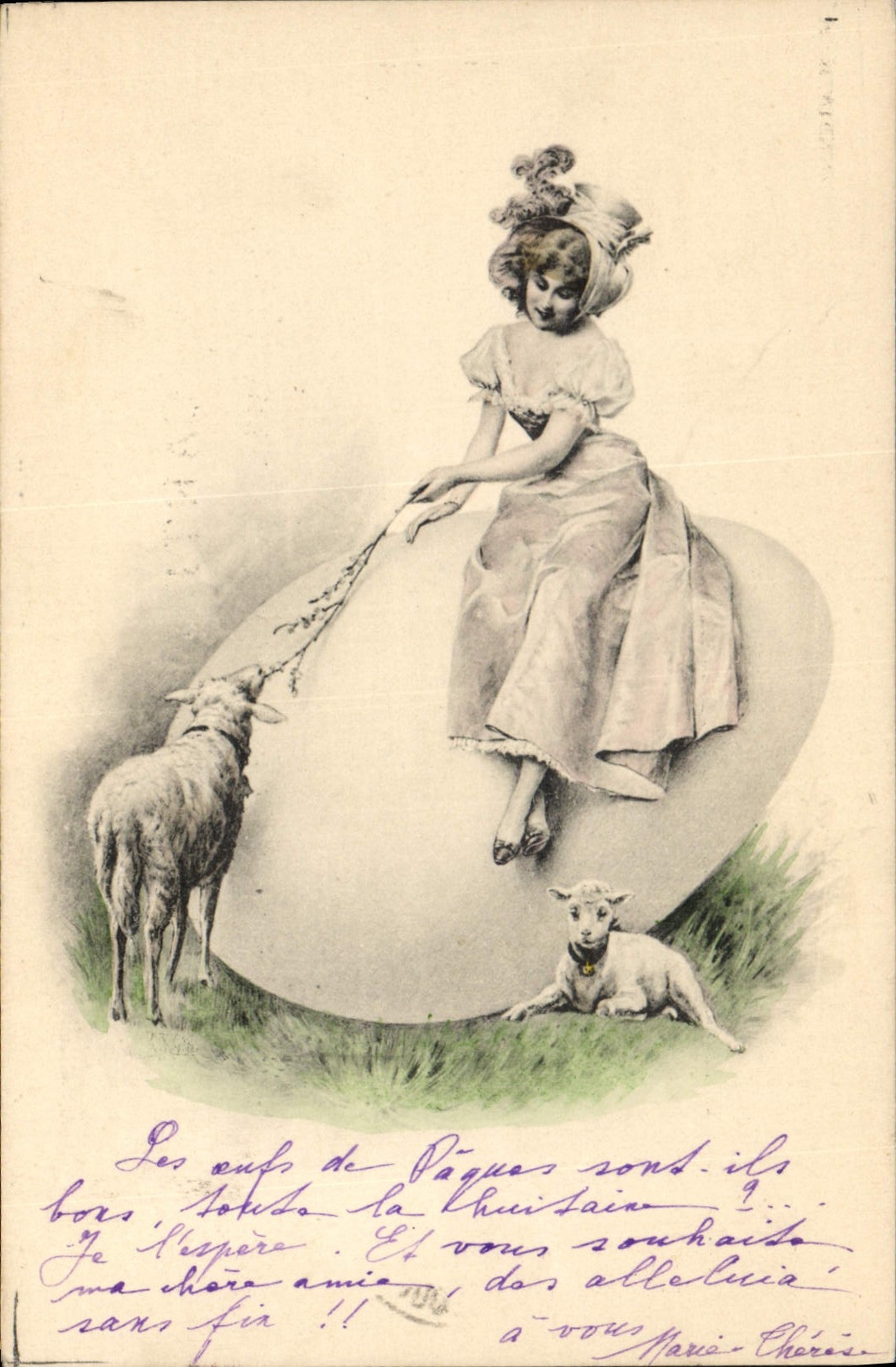 Femme assise sur un grand œuf de Pâques avec deux moutons — éditeur non visible, n° de série non visible