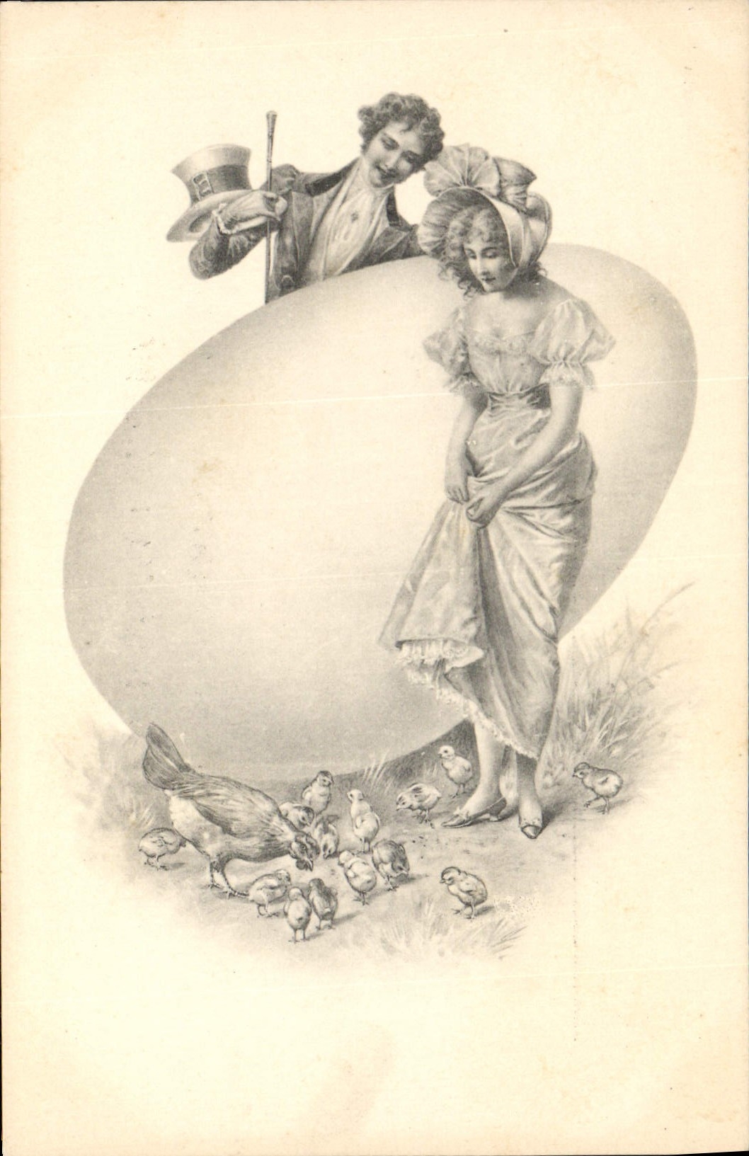 Couple devant un grand œuf de Pâques — avec poussins — éditeur M. M. Vienne