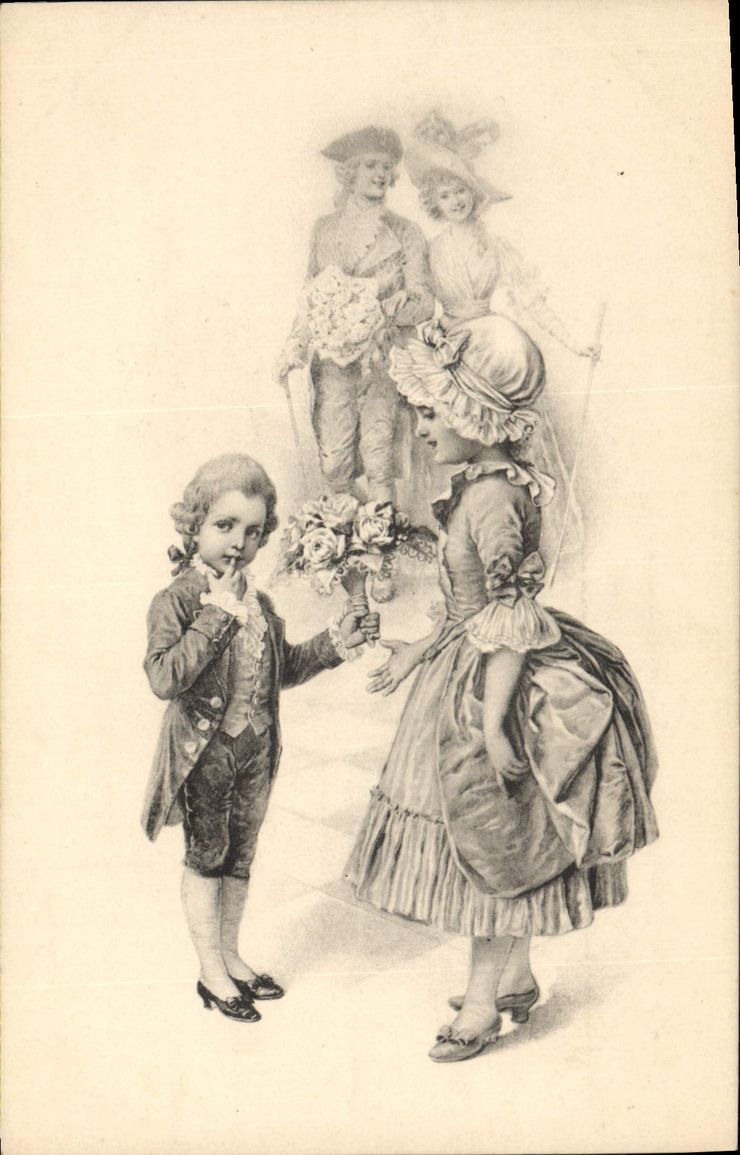 Niños en traje de la época — ofrenda de flores — M. M. Vienne, Nr. 169