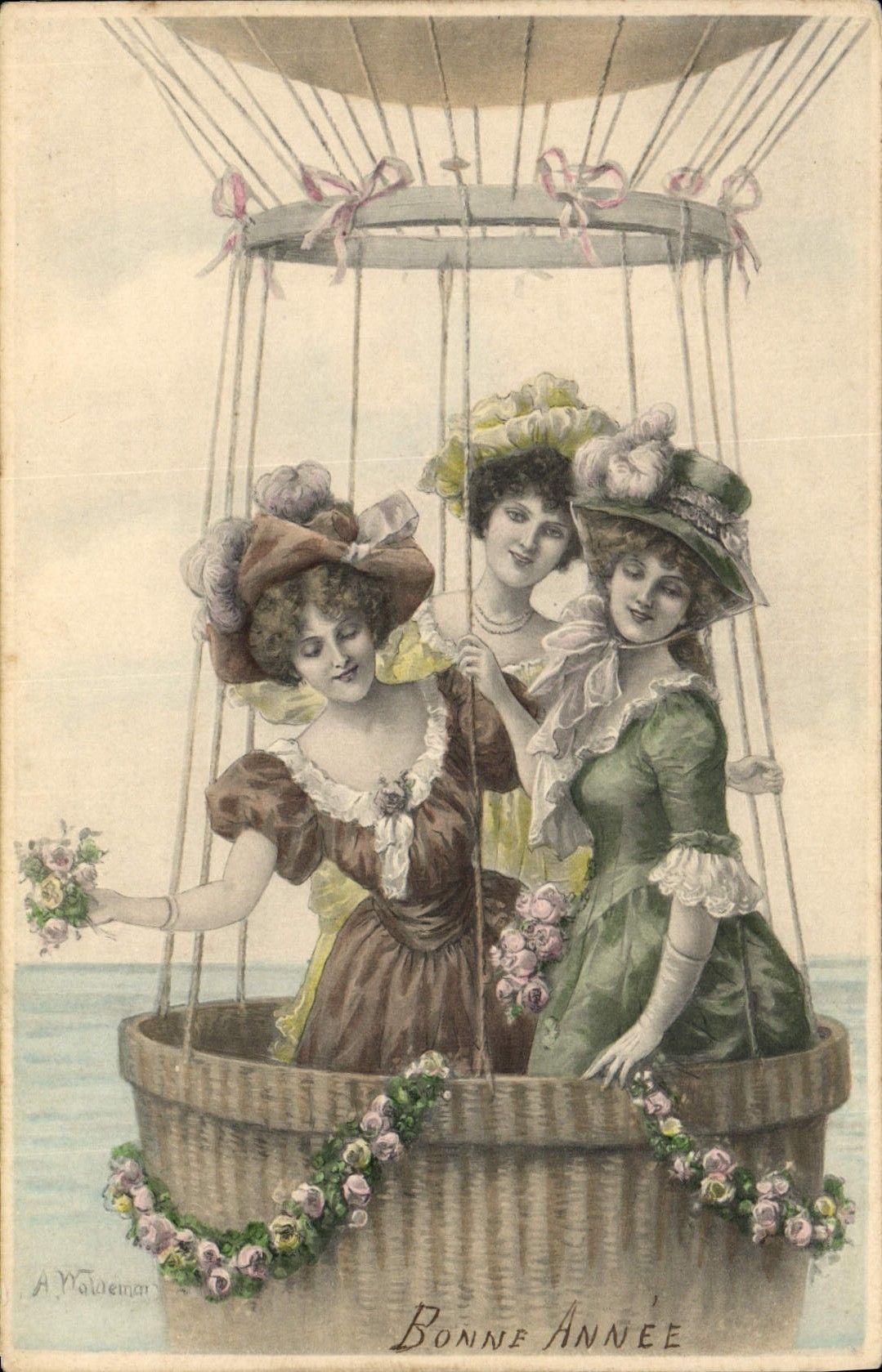 Trois jeunes femmes dans un ballon à air chaud — A. Waldeman — Nr 461 M. M. MUNK