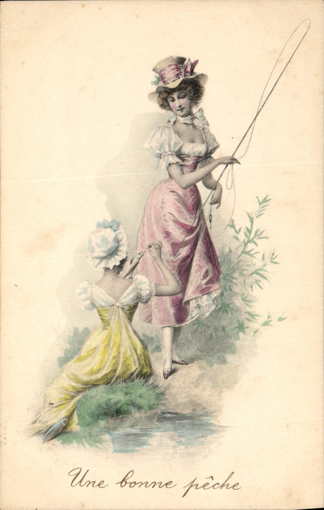 Une bonne pêche — illustration de deux jeunes femmes pêchant — éditeur M.M. Vienne