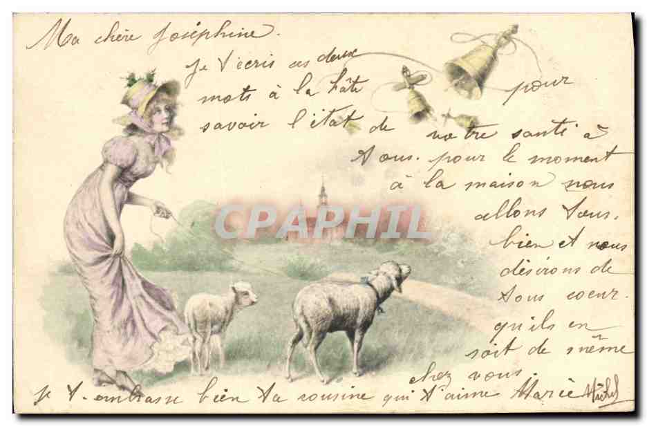 Femme en robe lilas avec moutons — éditeur M. M. Vienne, n° de série non visible