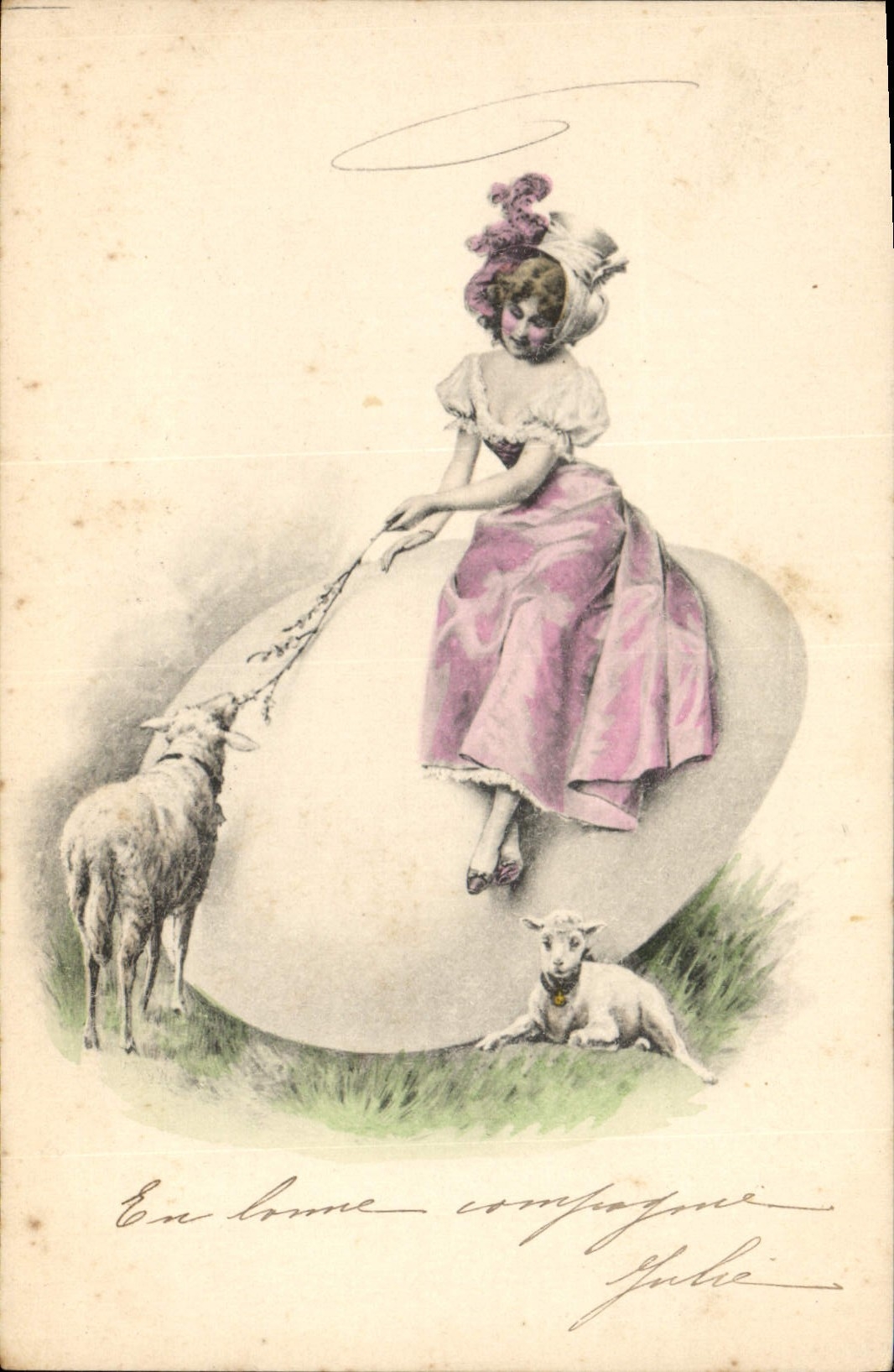 Fille avec moutons — sur œuf — éditeur M. M. Vienne, n° III