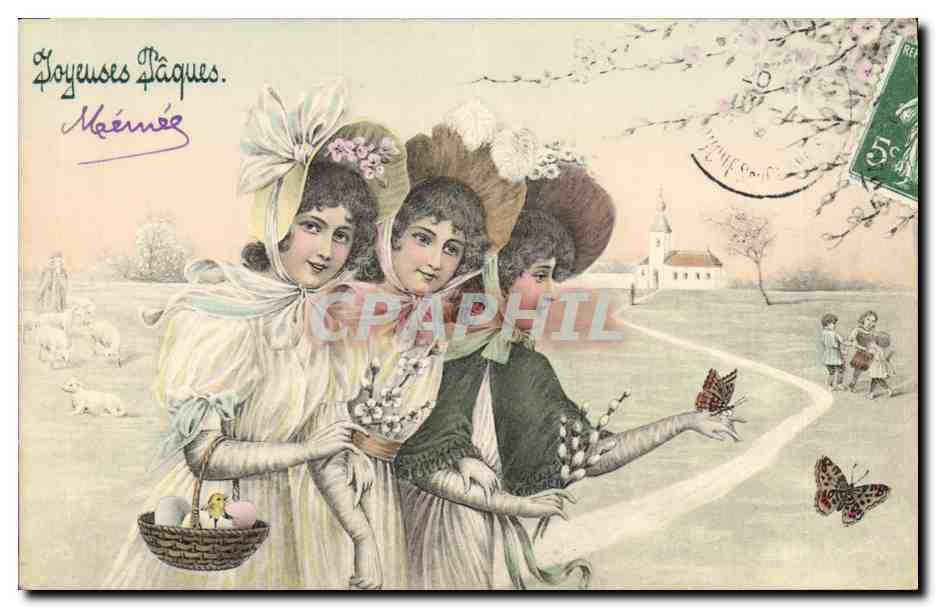 Deux jeunes filles en costume de Pâques — scène champêtre avec papillons — éditeur Meinemé