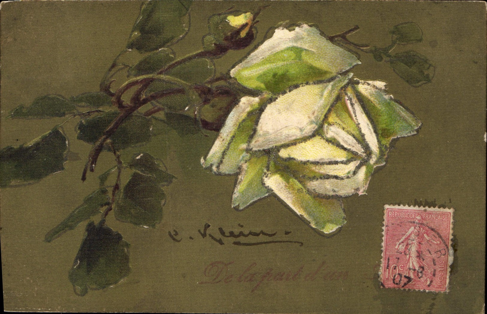 Rose blanche — dessin à l'aquarelle — C. Klein — PAF Série 5593