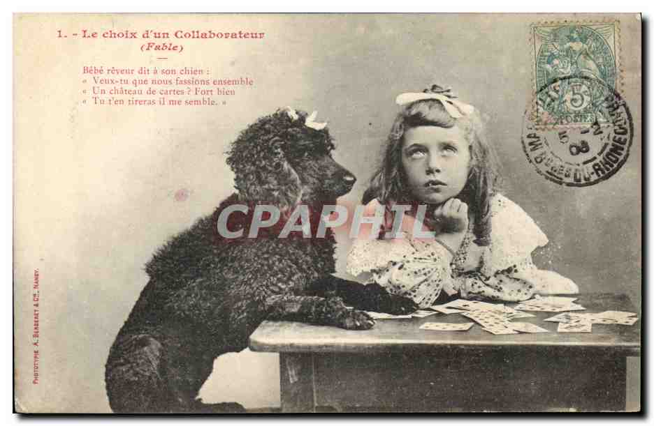 Bébé rêveur et son chien — Le choix d'un Collaborateur (Fable) — Phototype A. BARRIER & Cie, Nancy