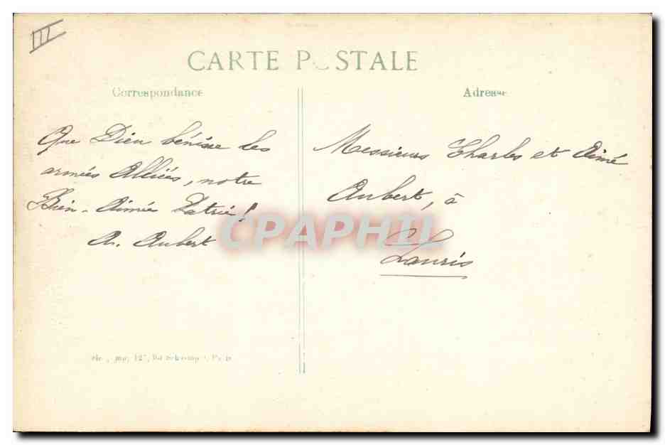 Le Roi Albert Ier à la tête de sa vaillante armée — Cliché Chusseau, Flavien, E. LE PELEY, imprimeur, Paris — Verso