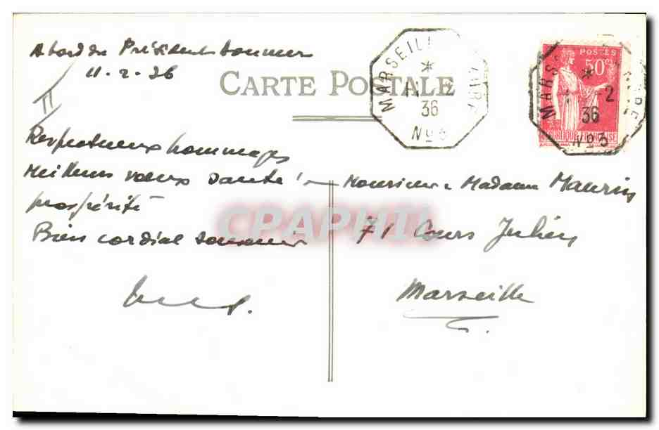 CPM Bateau Paquebot President Doumer — Verso