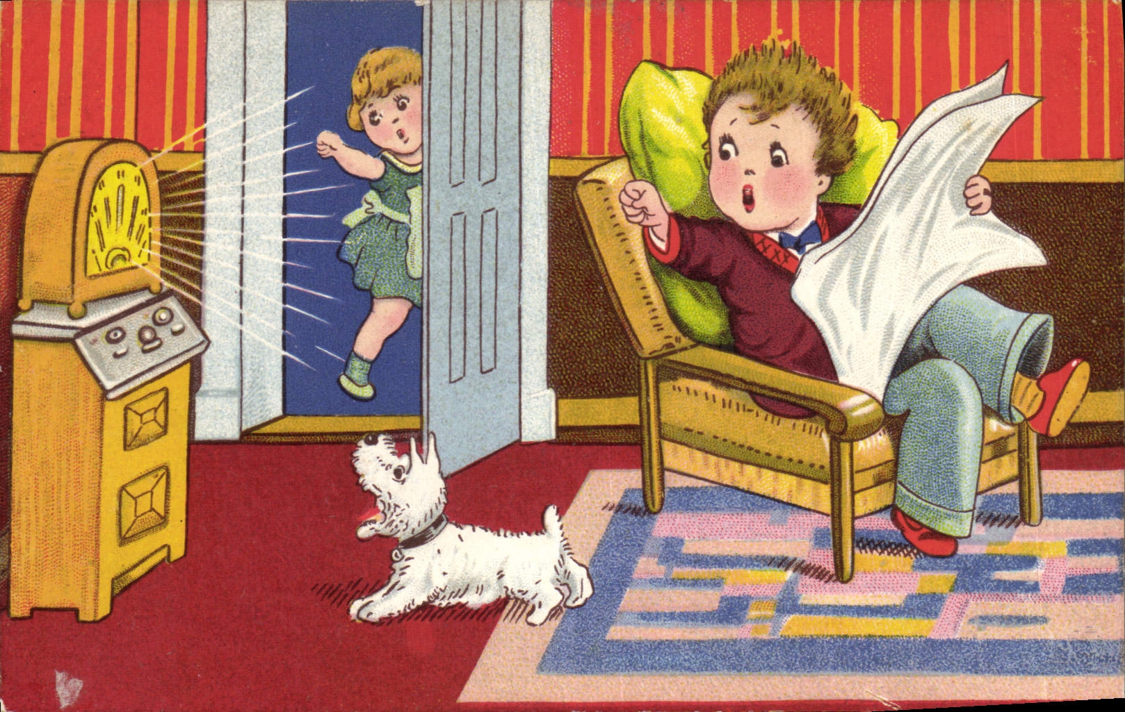 Enfant surpris par la radio — scène d'étonnement — éditeur non visible