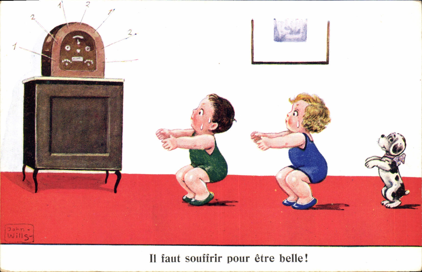 Deux enfants et un chien s'entraînant devant une télévision — John Wills — n°3
