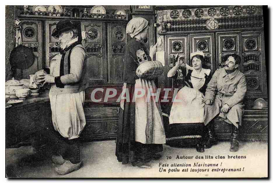 CPA Folklore Bretagne Lits Clos Fais attention Marivonne 