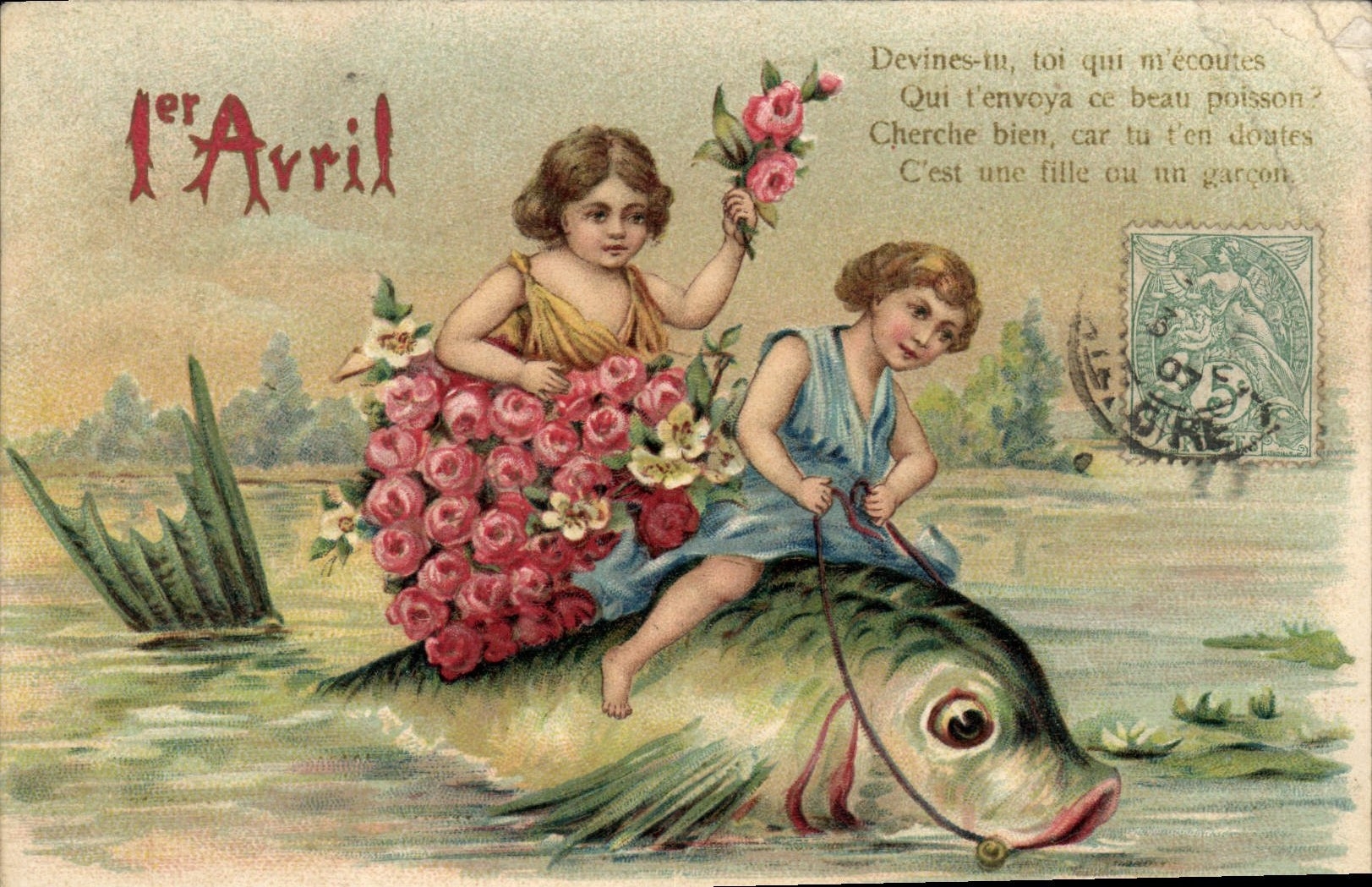 CPA Fantaisie Paques Poisson Enfants 1er Avril 