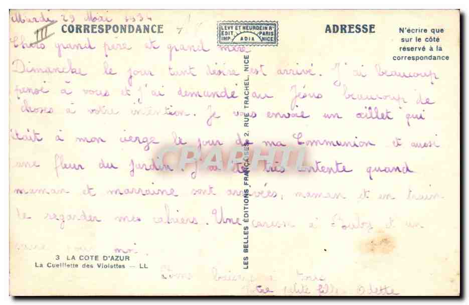 CPA Cote d'Azur La cueillette des violettes  — Rückseite