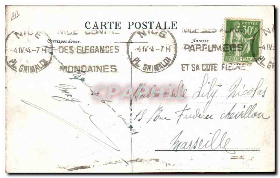 Côte d'Azur — Cueillette du Jasmin — Éditeur : Correspondance des Elegances Mondaines — Verso