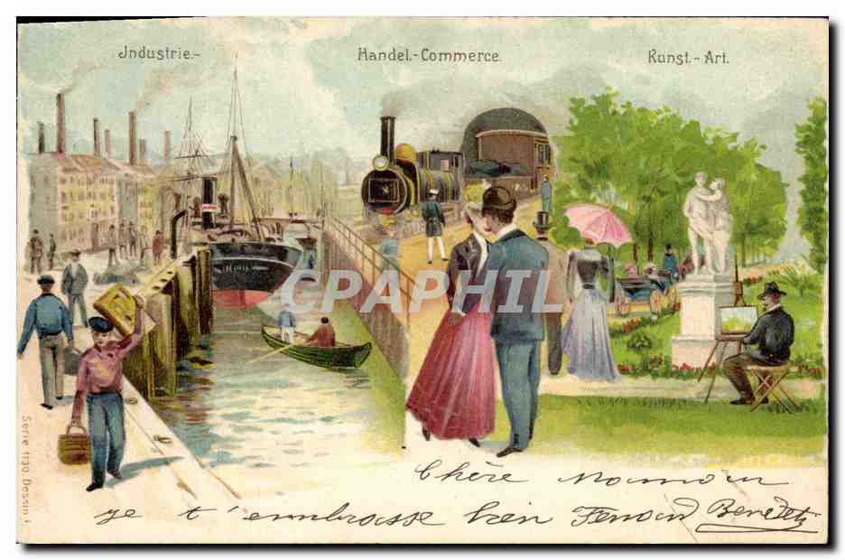 CPA Fantaisie Illustrateur Industrie Handel Commerce Runst Train Bateau 