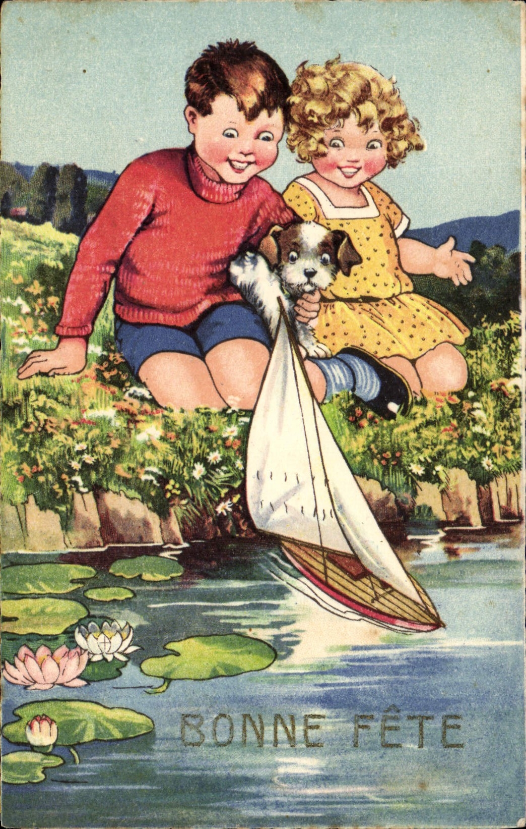 CPA Fantaisie Illustrateur Enfants Bonne fete Bateau 