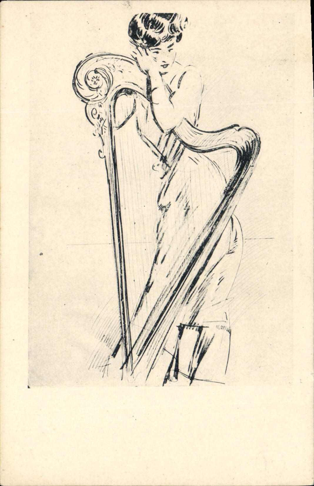 CPA Fantaisie Illustrateur Femme Harpe 