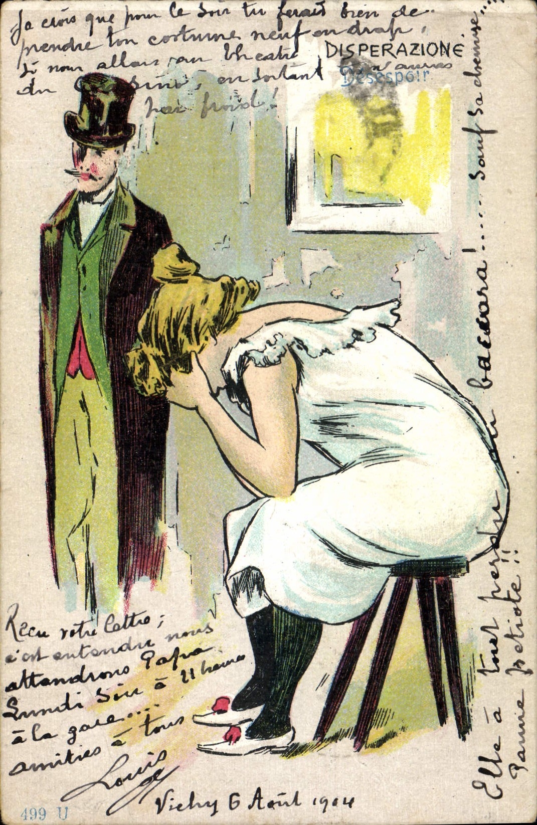 Woman in Distress in Front of a Man in a Suit — Humorous Drawing — Louis, n° 499 U
