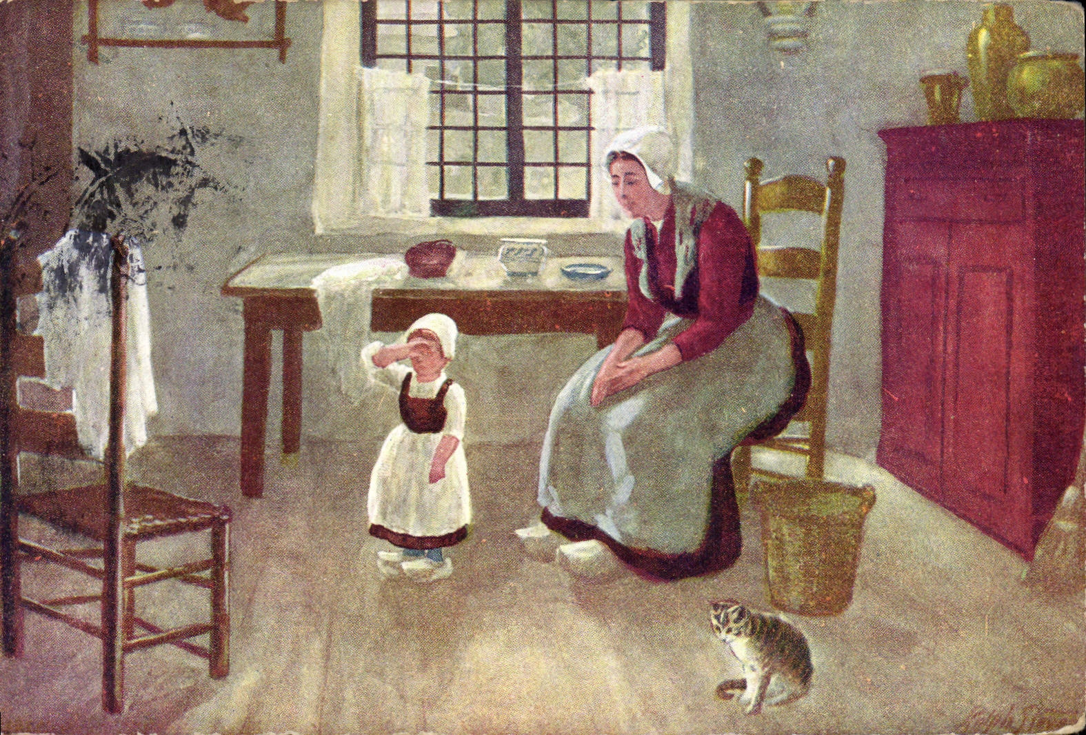 CPA Fantaisie Illustrateur Femme Enfant Chat 