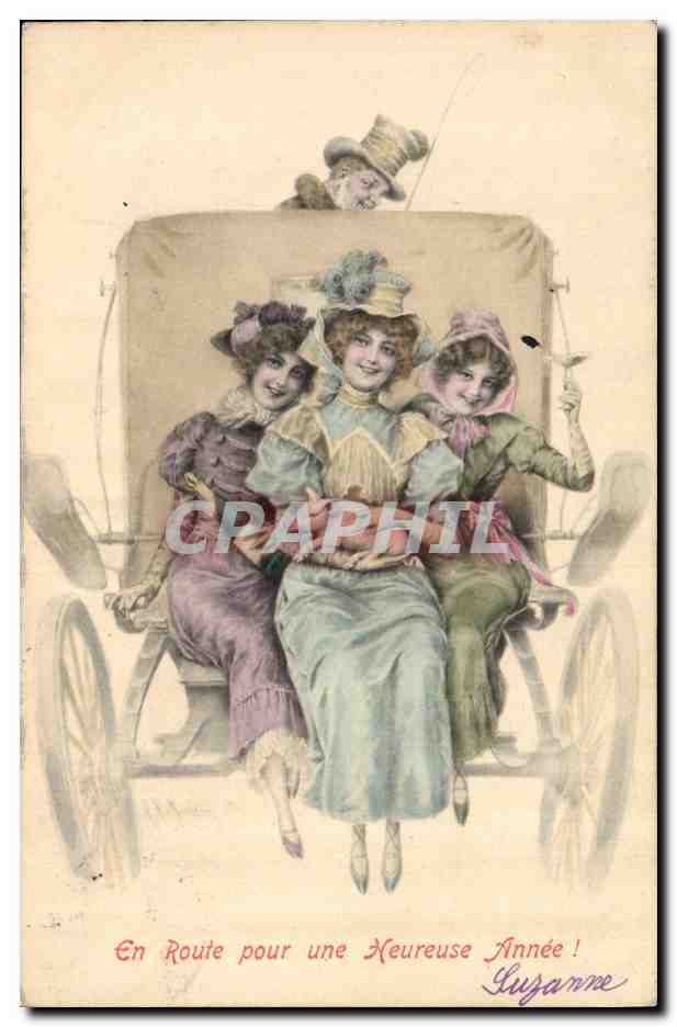 Trois jeunes femmes en voiture — En Route pour une Heureuse Année ! — Luzanne