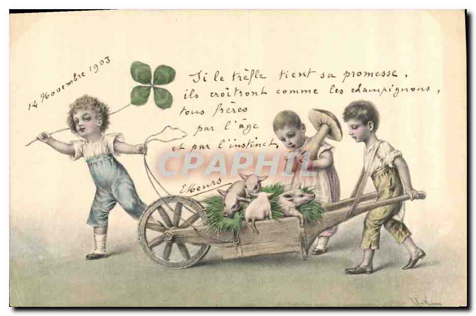 CPA Fantaisie Illustrateur Enfants Cochon Porc Champignon 
