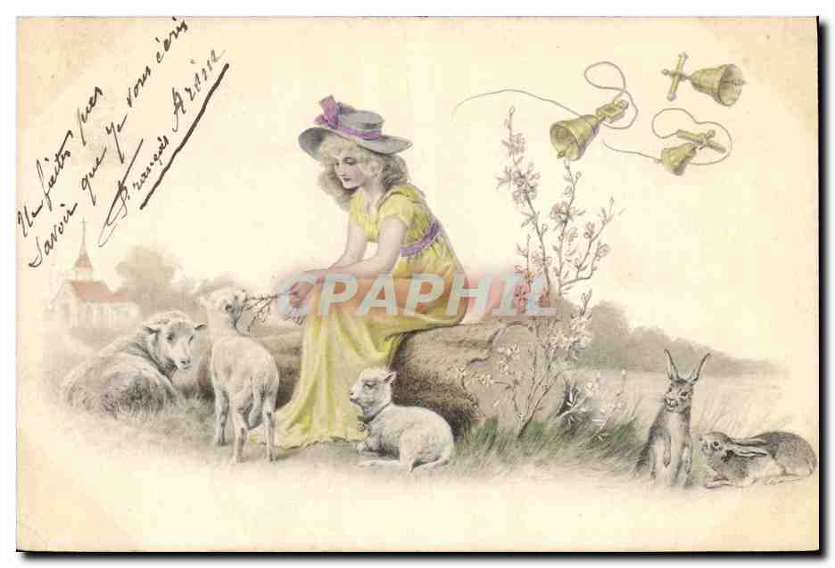 CPA Fantaisie Illustrateur Femme Moutons 