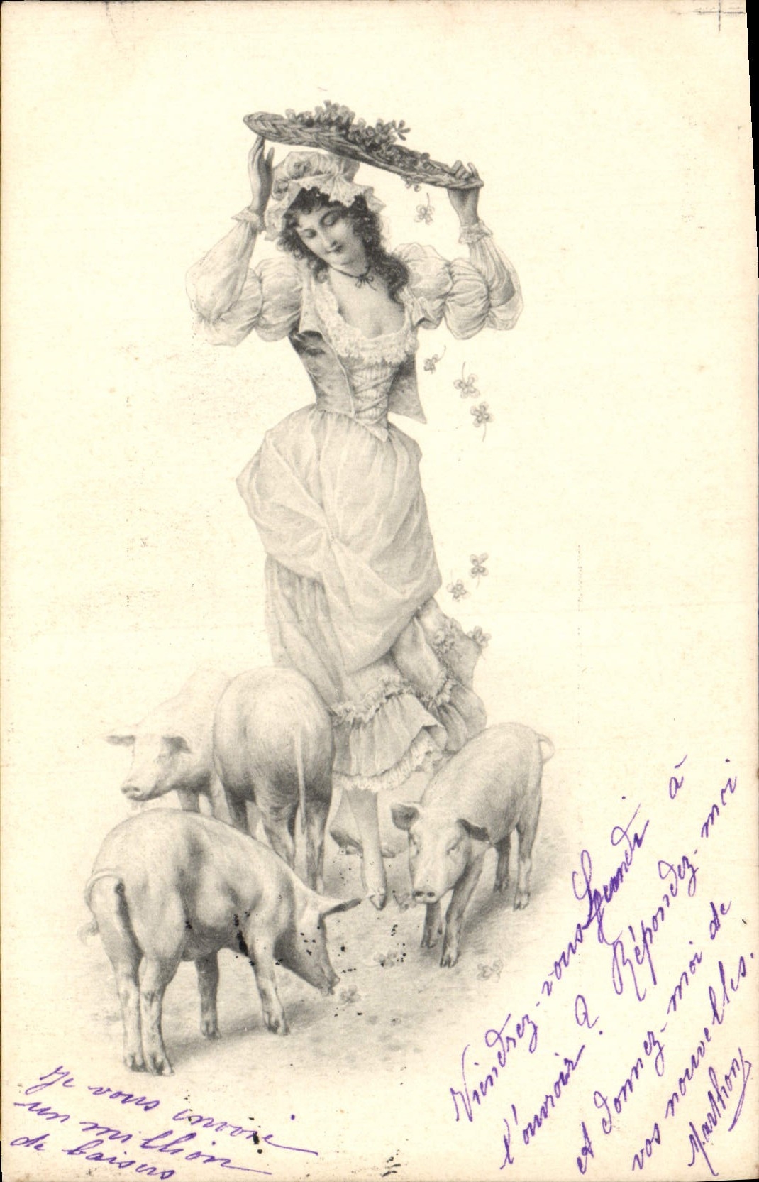 CPA Fantaisie Illustrateur Femme Cochon Porc 