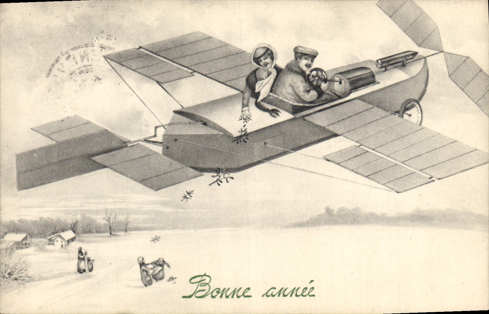 CPA Fantaisie Illustrateur Femme Avion Aviation Bonne annee 