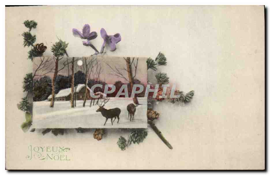 CPA Fantaisie Illustrateur Cerf Biche Noel 