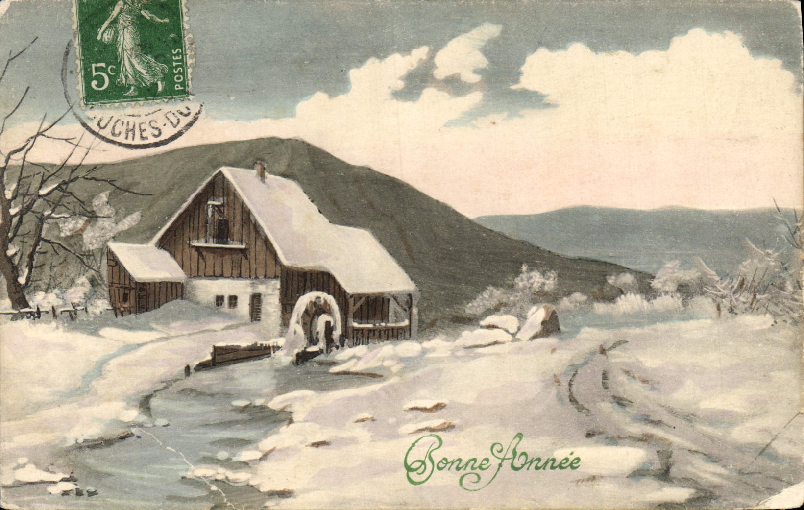 CPA Fantaisie Illustrateur Bonne annee Moulin a eau 