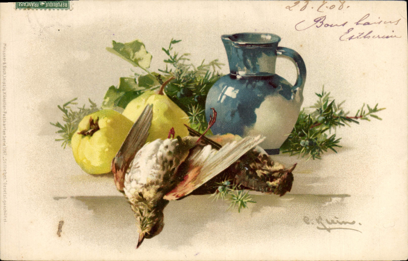 Nature morte avec oiseau, pommes et poterie — éditeur Ph. Bona & Cie, série 116 — signature E. Guin
