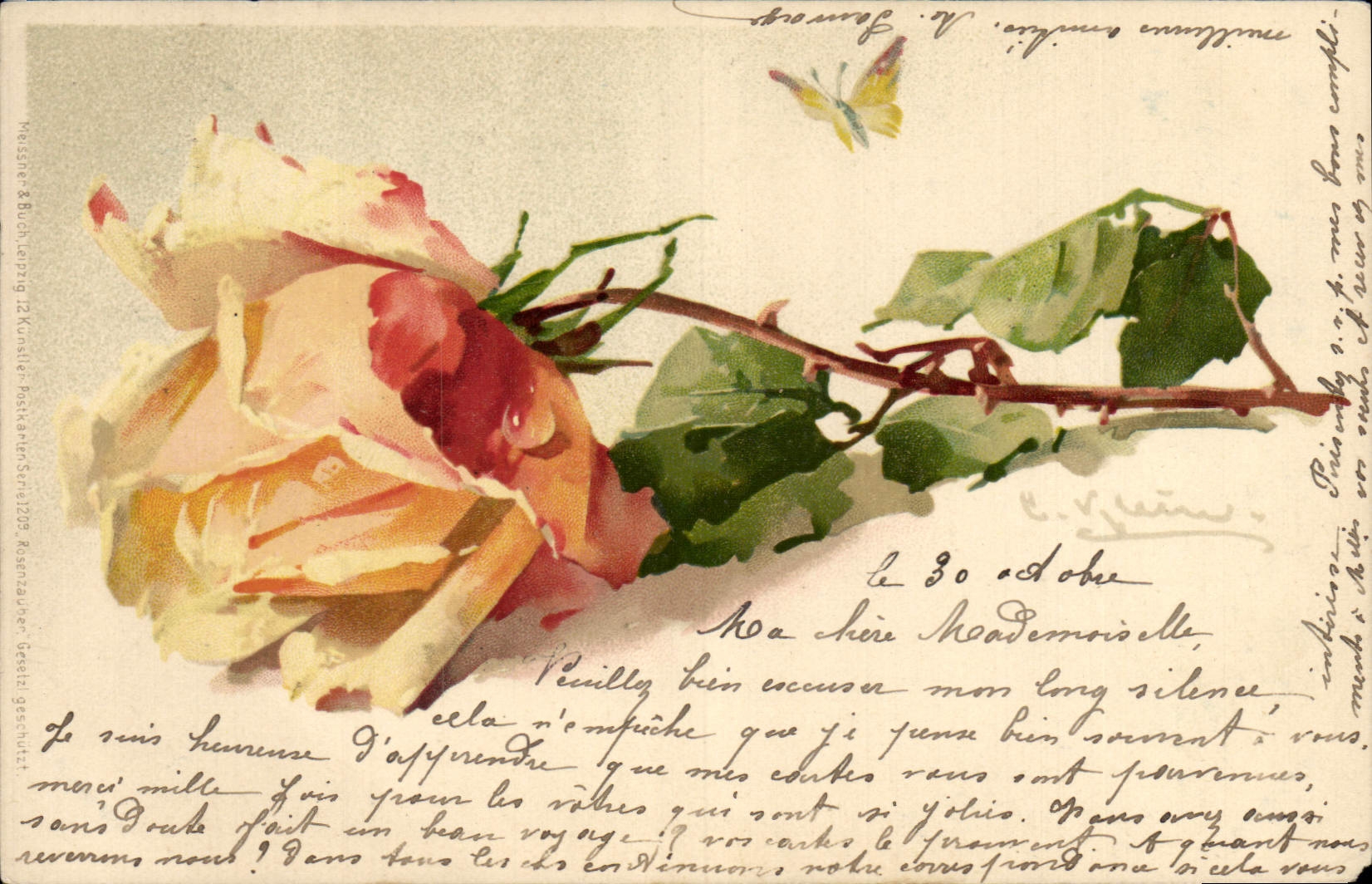 CPA Fantaisie Fleurs Papillon 