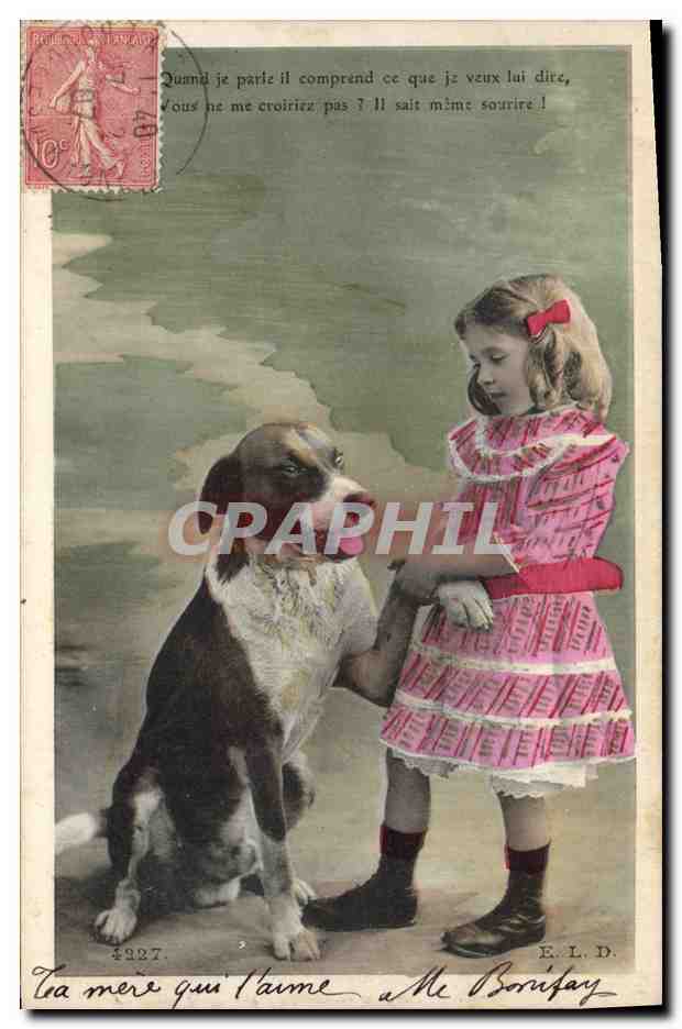 Fille et chien — scène affectueuse — éditeur non visible, n° de série 4927