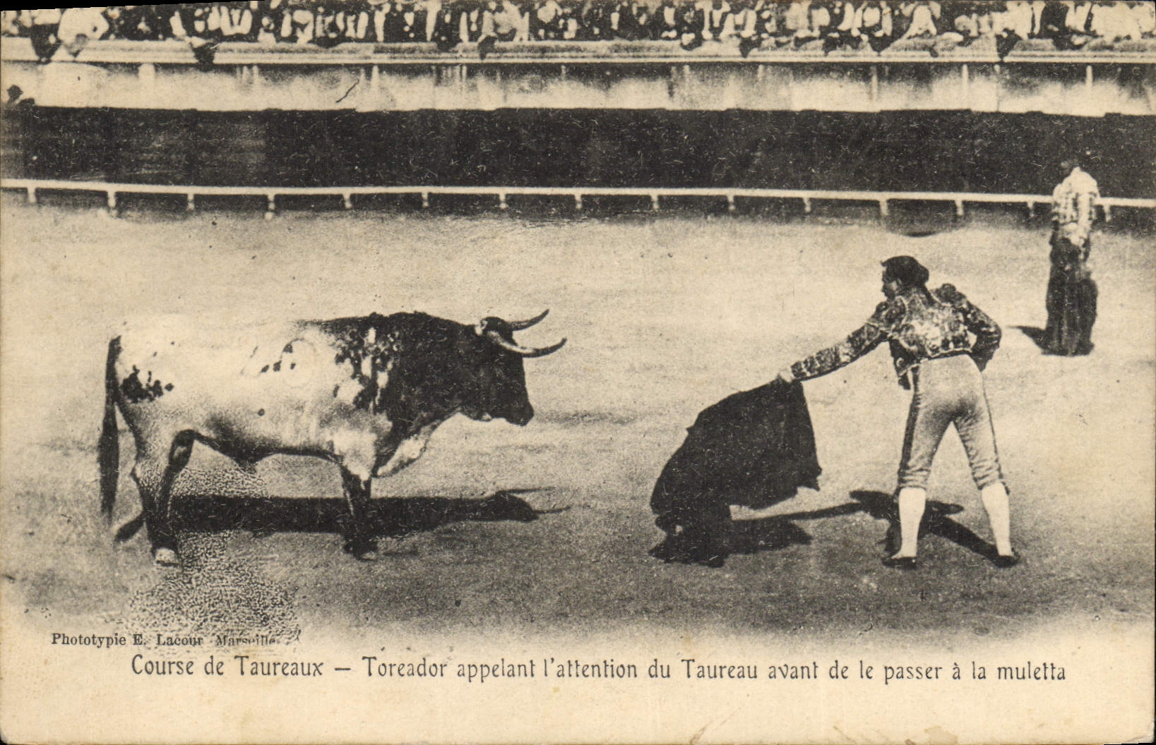 Course de Taureaux — Toreador appelant l'attention du Taureau avant de le passer à la muletta — Phototypie E. Lacoue, Marseille