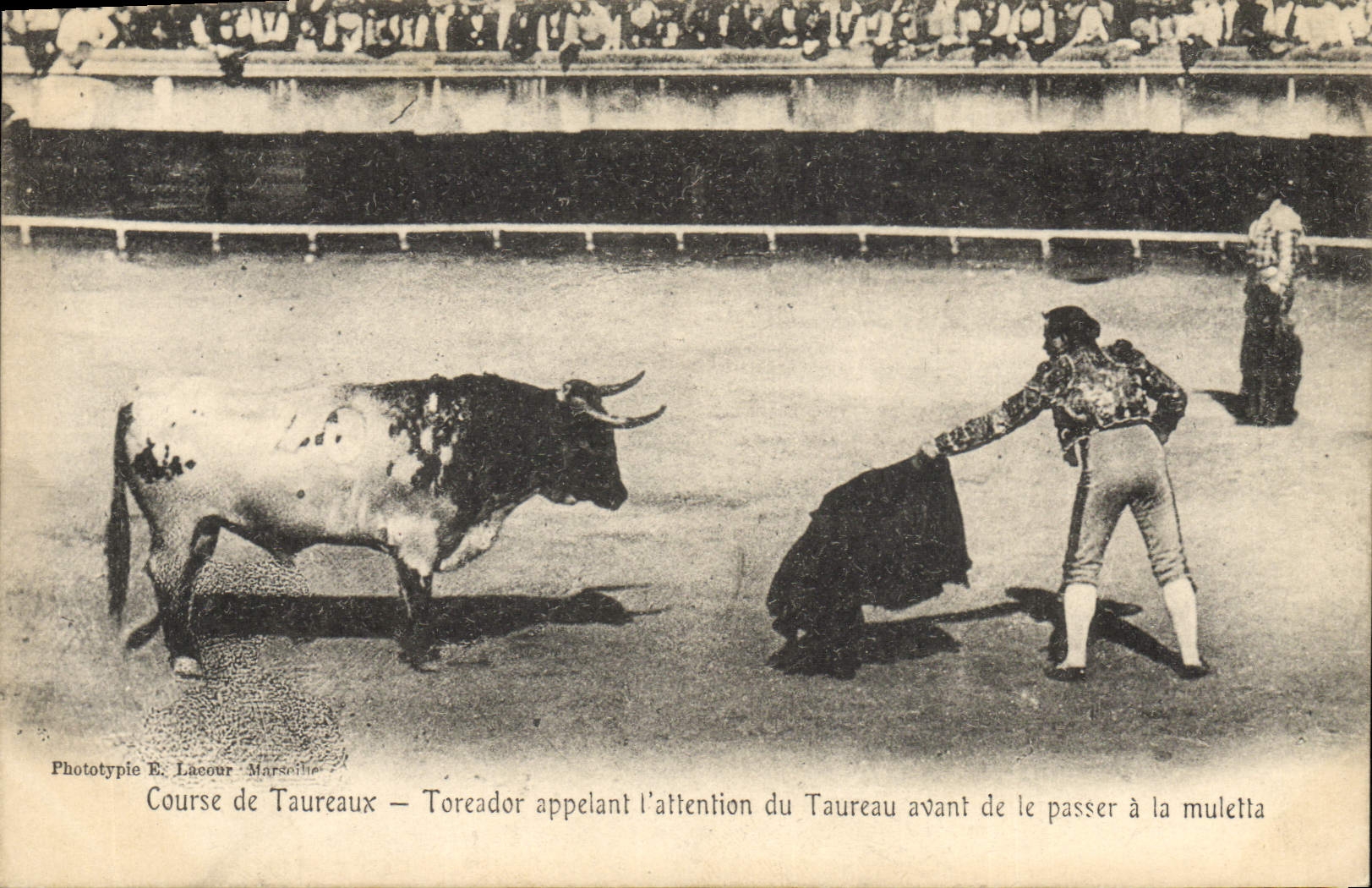 Course de Taureaux — Toreador appelant l'attention du Taureau avant de passer à la muletta — Phototypie E. Lacour - Marseille