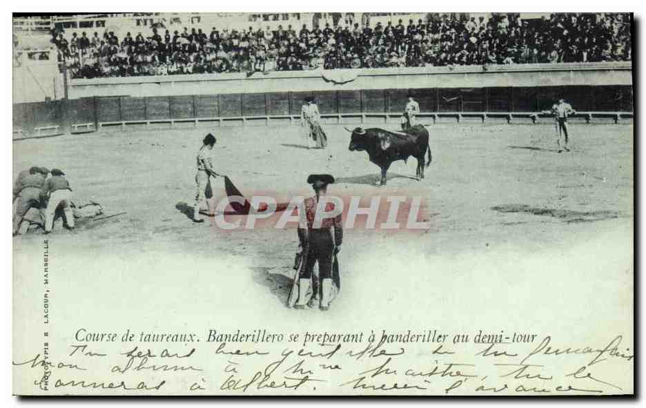Course de taureaux — Banderillero se préparant à banderiller au demi-tour — Éditeur : LACOIN, MARSEILLE